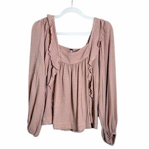 Free People Honey Grove Plaid Pink Ruffle Long Sleeve Blouse Size Small